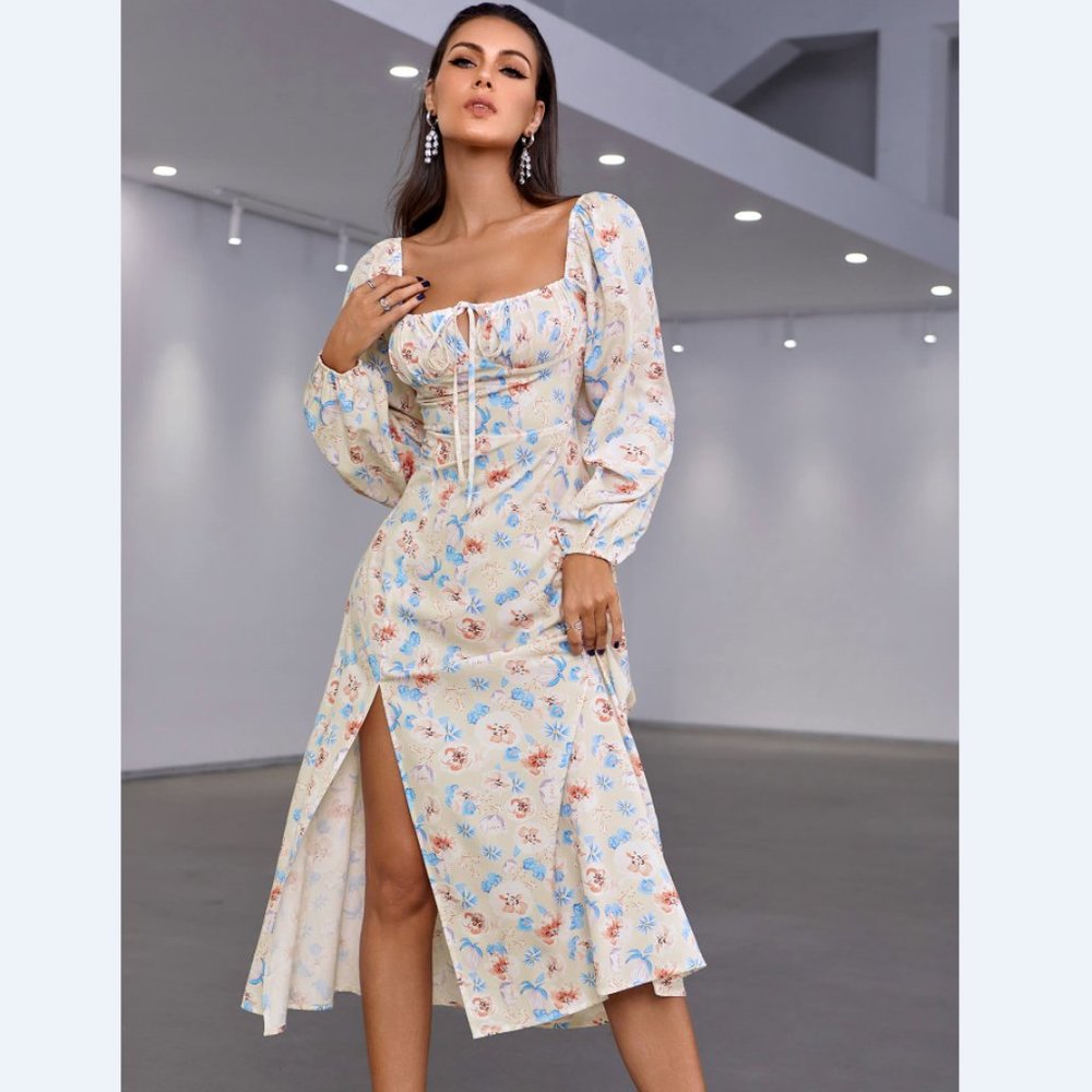 Floral Tie Front Square Neck Split Midi Dress - Picture 1 of 5